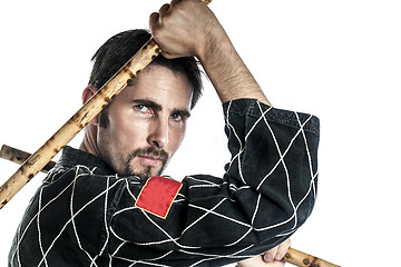 Image showing Martial arts master with bamboo sticks