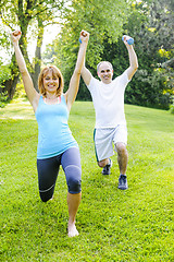 Image showing Personal trainer with client exercising outdoors
