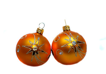 Image showing Two orange Christmas ball with golden pattern