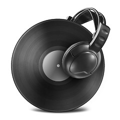 Image showing Black vinyl record disc with headphones isolated on white