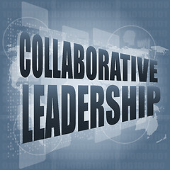 Image showing collaborative leadership review on touch screen, media communication on the internet