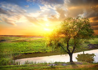 Image showing Sunset over spring river