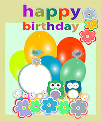 Image showing birthday party card with cute birds and owl on trees and flowers