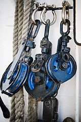 Image showing Blocks and rigging at the old sailboat, close-up