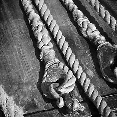 Image showing The ropes braided in bays on an ancient sailing vessel