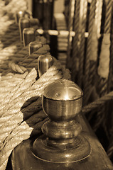 Image showing Blocks and rigging at the old sailboat, close-up