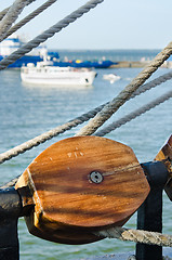 Image showing Blocks and rigging at the old sailboat, close-up