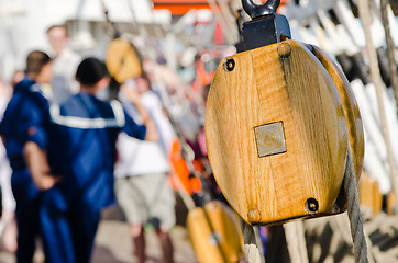 Image showing Blocks and rigging at the old sailboat, close-up