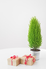 Image showing Little green tree and gifts with red ribbons