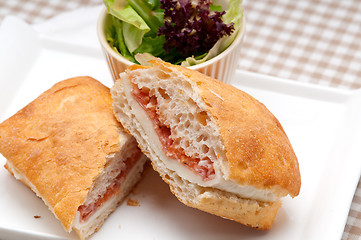 Image showing ciabatta panini sandwich with parma ham and tomato