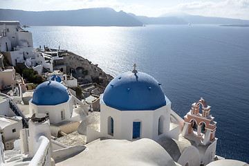 Image showing Blue and white church of Oia village ,Santorini