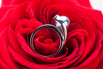 Image showing Diamond engagement ring in the heart of a red rose