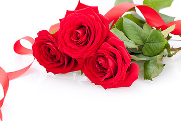 Image showing Bouquet of red roses with ribbon border