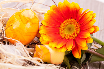 Image showing Vivid orange Easter egg with a gerbera and rose