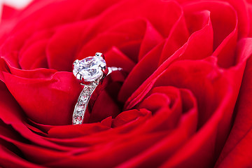 Image showing Diamond engagement ring in the heart of a red rose