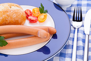 Image showing tasty sausages frankfurter with grain bread 