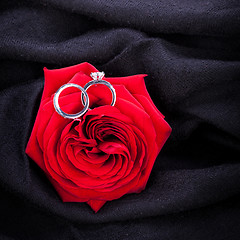 Image showing Diamond engagement ring in the heart of a red rose