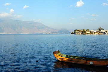 Image showing Boat, village and lake