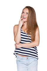 Image showing Laughing teenager hipster looking up