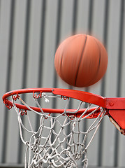 Image showing Basket ball a second before falling in the net