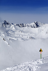 Image showing Warning sing on snow slope