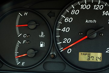 Image showing Car dashboard with speed, temperature and fuel