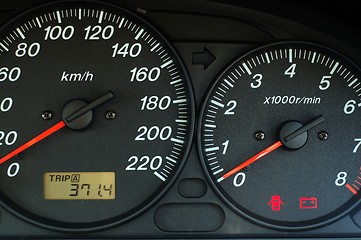 Image showing Car dashboard with speed and rpm dials