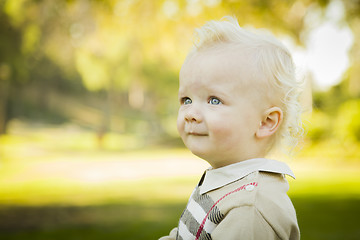 Image showing Adorable Blonde Baby Boy Outdoors at the Park
