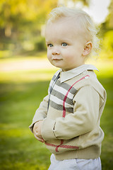 Image showing Adorable Blonde Baby Boy Outdoors at the Park
