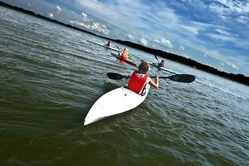 Image showing Young people on kayak in denmark on a lake