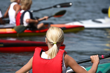 Image showing Young people on kayak in denmark on a lake