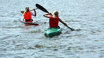Image showing Young people on kayak in denmark on a lake