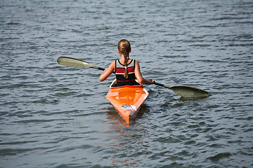 Image showing Young people on kayak in denmark on a lake