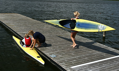 Image showing Young people on kayak in denmark on a lake