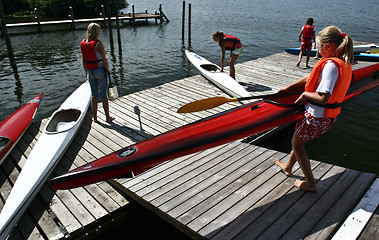 Image showing Young people on kayak in denmark on a lake