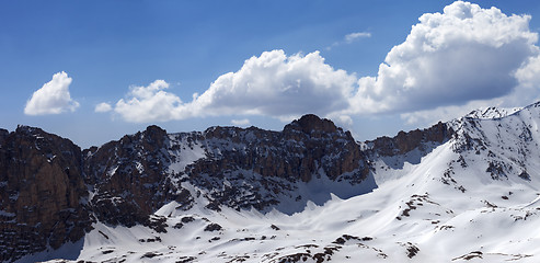 Image showing Panorama of snowy mountains in nice sun day