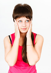 Image showing Headache. girl holding her head in her hands