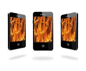 Image showing mobile phone with flame on the white background