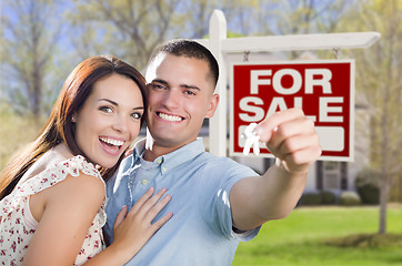 Image showing Military Couple In Front of Home, House Keys and Sign