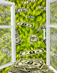 Image showing opened window to the green abstraction and dollars