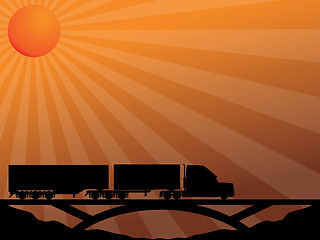 Image showing Truck on bridge passing in the sunset