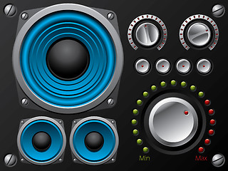 Image showing Blue speakers with amplifier and knobs