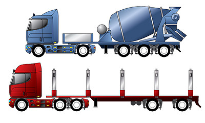 Image showing Trucks with mixer and timber trailer 