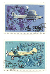 Image showing Old Russian airplanes on stamps