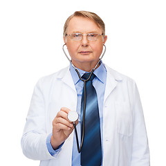 Image showing smiling doctor or professor with stethoscope