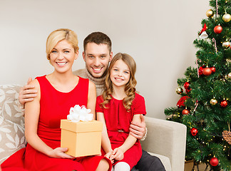 Image showing smiling family holding gift box