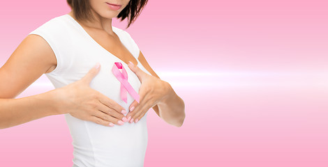 Image showing woman with pink cancer awareness ribbon