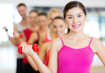 Image showing group of smiling people with dumbbells in the gym