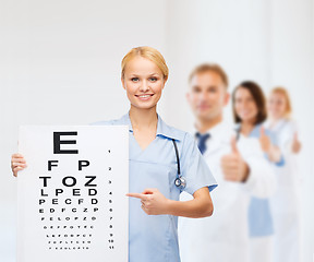 Image showing smiling female doctor or nurse with eye chart