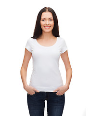 Image showing smiling woman in blank white t-shirt